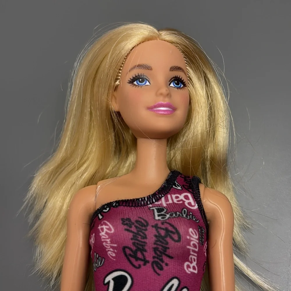 Barbie Doll Blonde Hair Blue Eyes Asymmetric dress high heels-FLAW: chopped hair